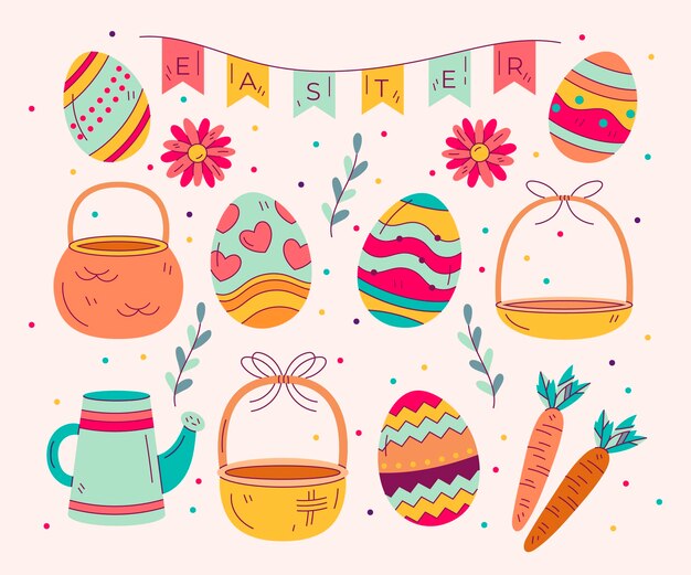 Colección de elementos de pascua dibujados a mano