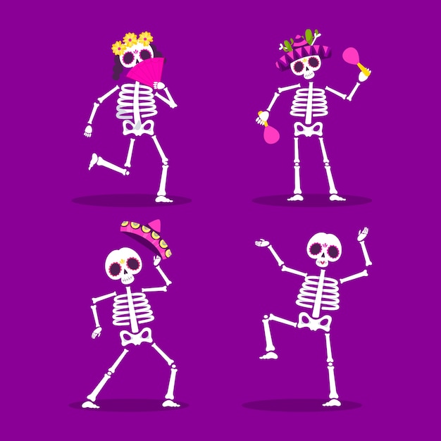 Colección de elementos de personajes de celebración plana dia de muertos