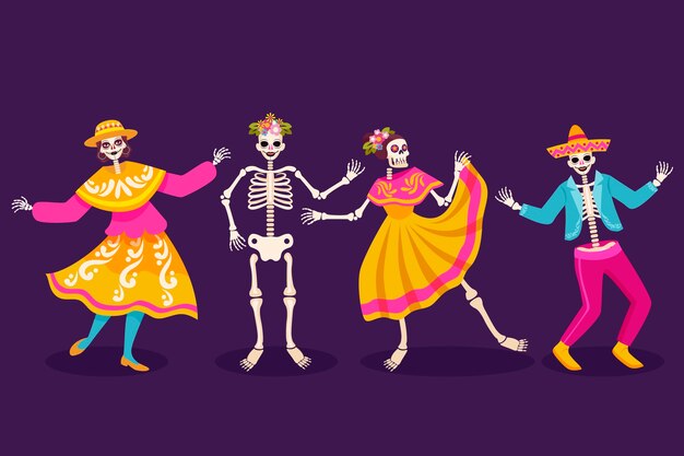 Colección de elementos de personajes de celebración plana dia de muertos