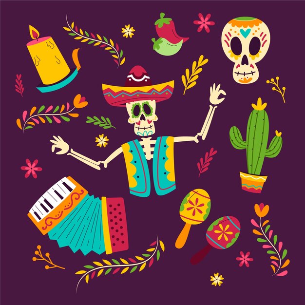 Colección de elementos de personajes de celebración plana dia de muertos