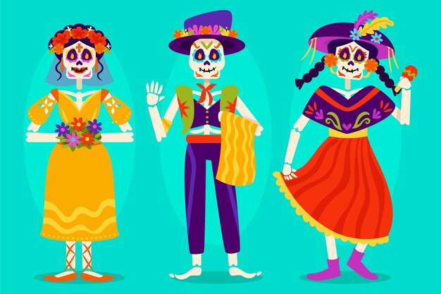 Colección de elementos de personajes de celebración plana dia de muertos