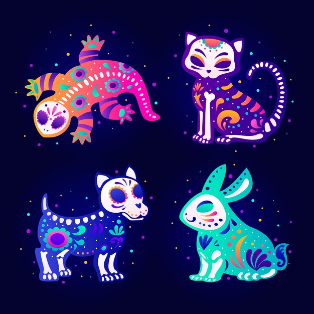 Colección de elementos de personajes degradados para la celebración del dia de muertos.