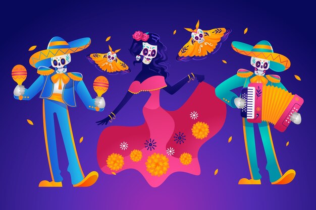 Colección de elementos de personajes degradados dia de muertos