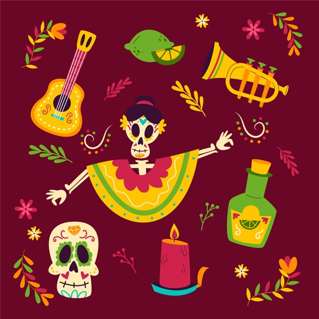 Colección de elementos de personajes de Flat dia de muertos celebration