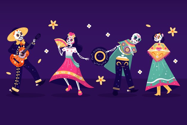 Colección de elementos de personajes flat dia de muertos