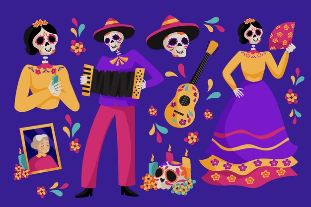 Colección de elementos de personajes flat dia de muertos