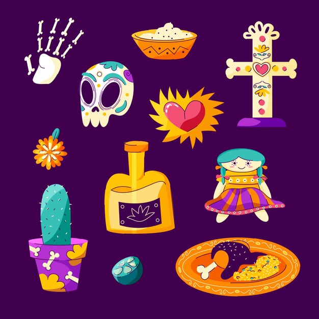 Colección de elementos de personajes flat dia de muertos