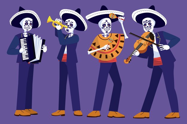 Colección de elementos de personajes flat dia de muertos