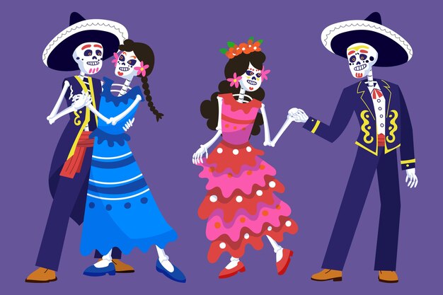 Colección de elementos de personajes flat dia de muertos