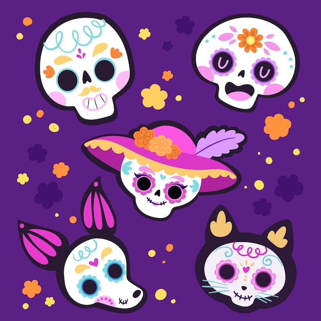 Vector gratuito colección de elementos de personajes flat dia de muertos