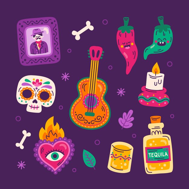 Colección de elementos de personajes flat dia de muertos