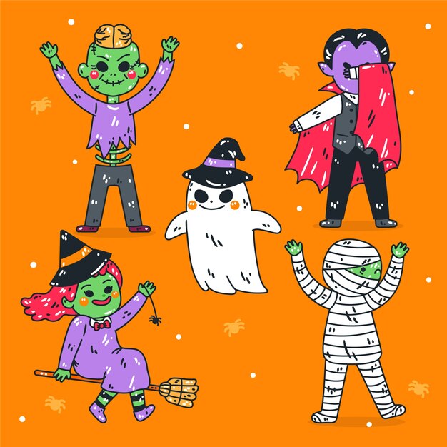 Colección de elementos de personajes de halloween dibujados a mano
