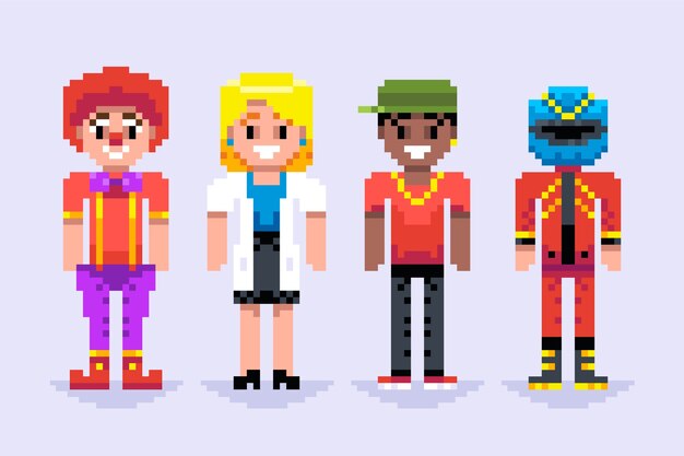 Colección de elementos de personajes de pixel art de diseño plano