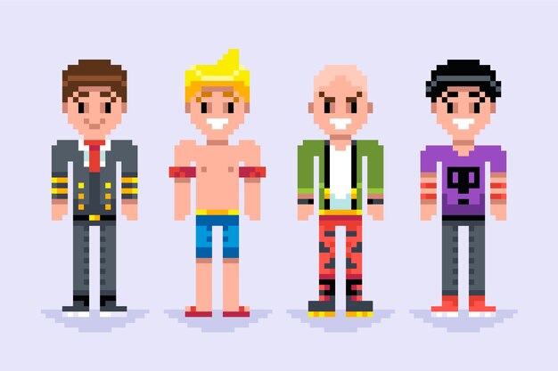 Colección de elementos de personajes de pixel art de diseño plano