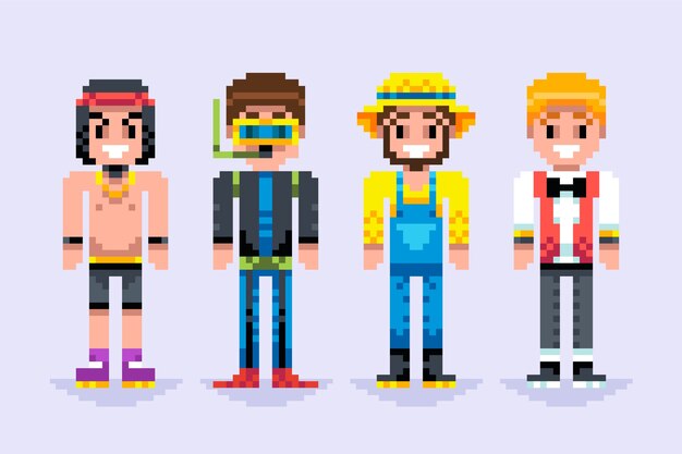Colección de elementos de personajes de pixel art de diseño plano