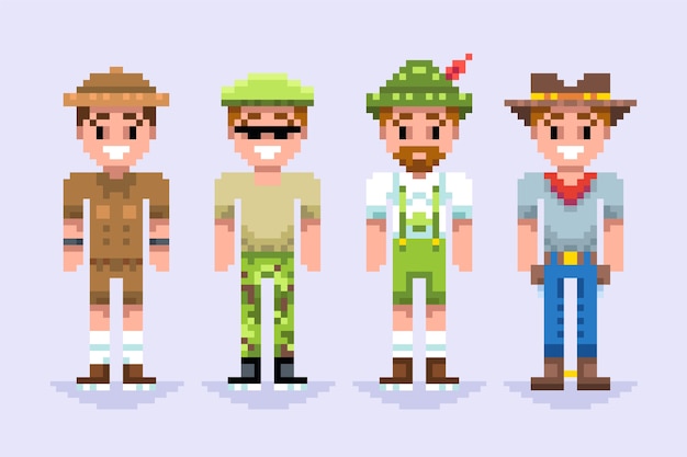 Colección de elementos de personajes de pixel art de diseño plano