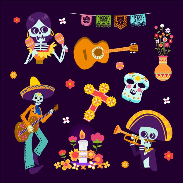 Colección de elementos de personajes planos celebración dia de muertos