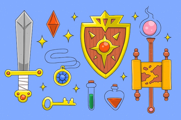 Colección de elementos de personajes de videojuegos dibujados a mano