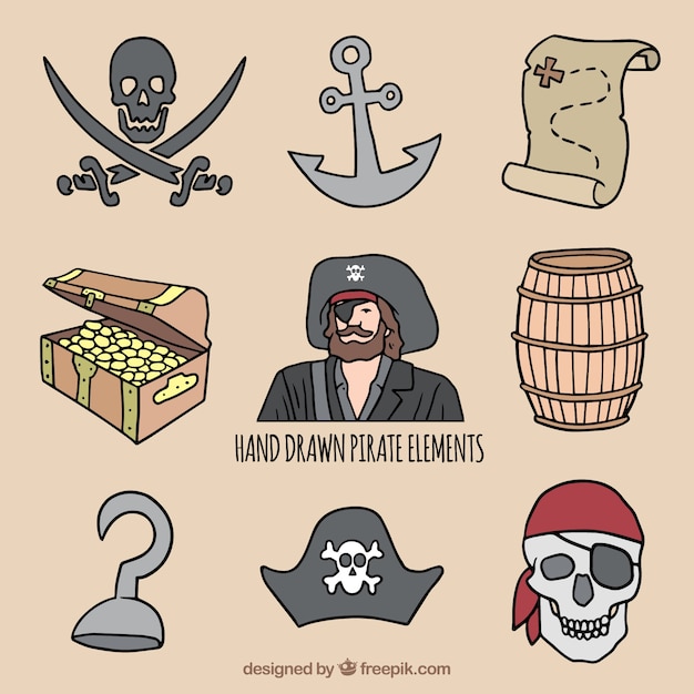 Colección de elementos pirata decorativos dibujados a mano