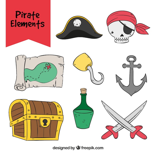 Vector gratuito colección de elementos piratas dibujados a mano