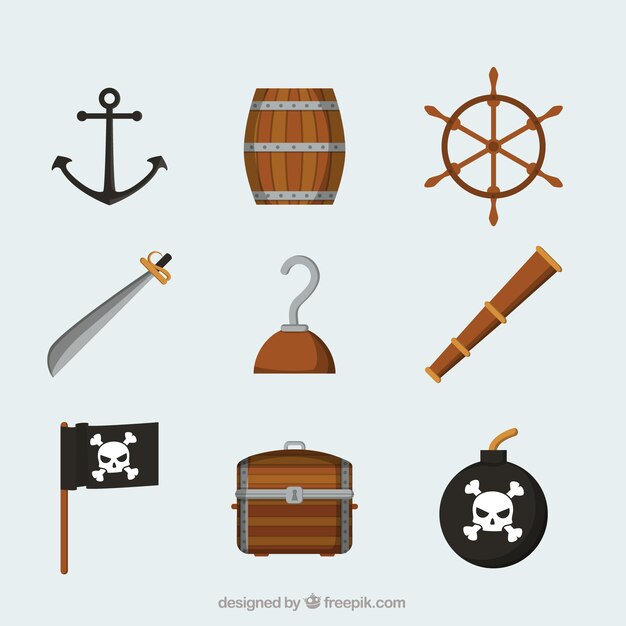 Colección de elementos piratas en diseño plano