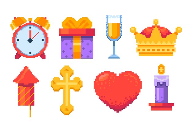 Colección de elementos de pixel art de diseño plano