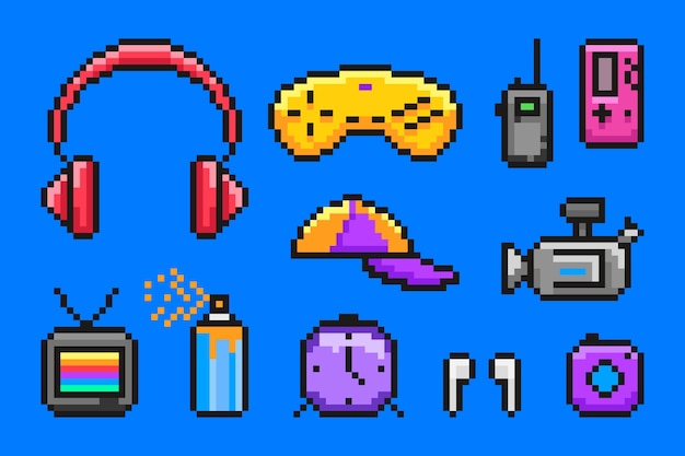 Colección de elementos de pixel art de diseño plano