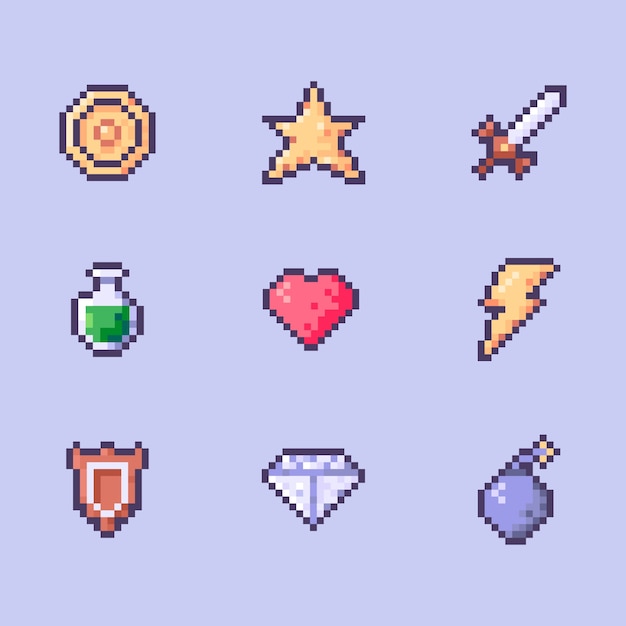Colección de elementos de pixel art de diseño plano