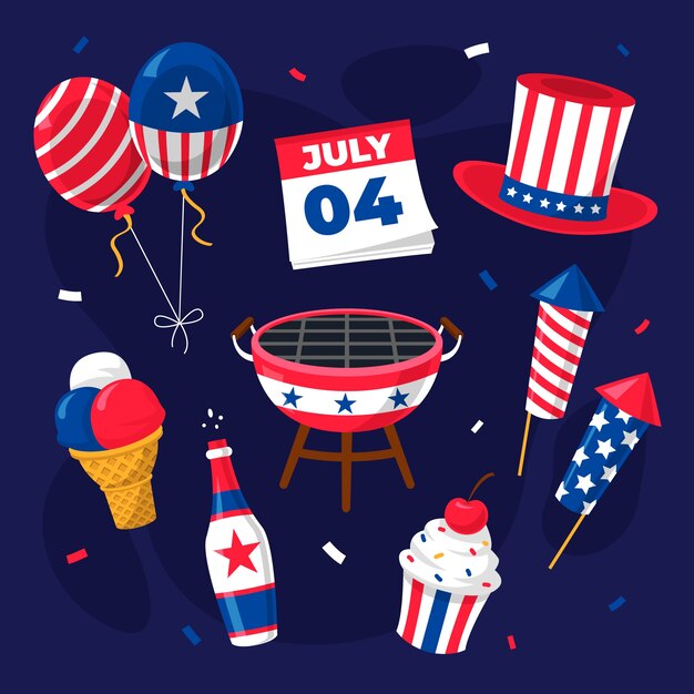 Colección de elementos planos del 4 de julio.