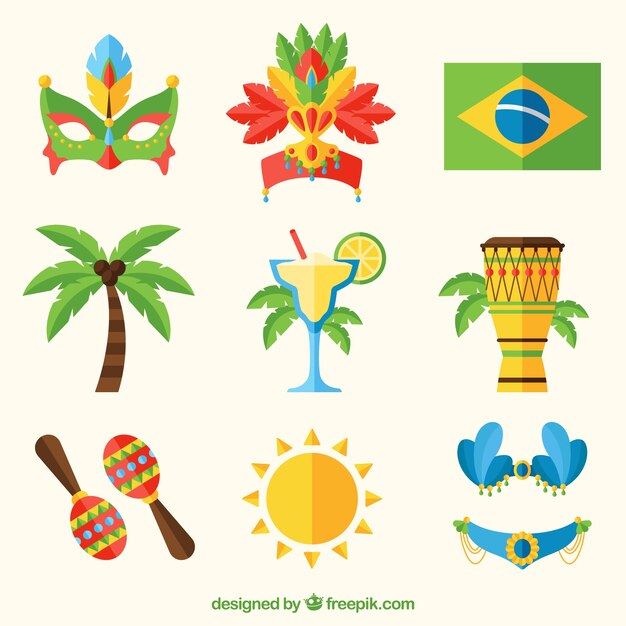 Colección de elementos planos de carnaval brasileño