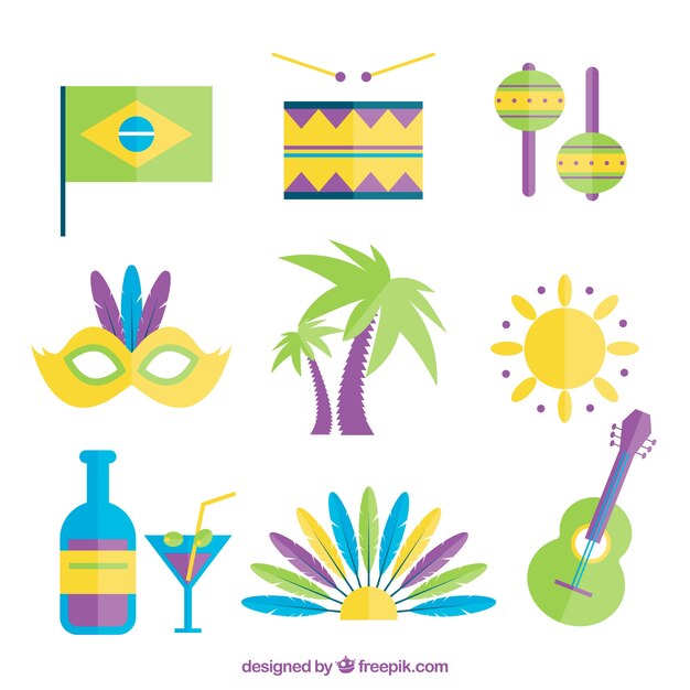 Colección de elementos planos de carnaval brasileño