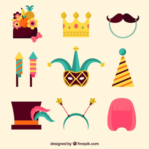 Vector gratuito colección de elementos planos de carnaval