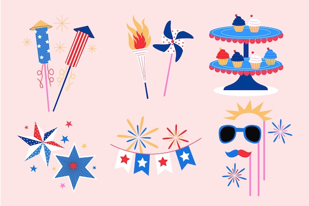 Vector gratuito colección de elementos planos para la celebración americana del 4 de julio