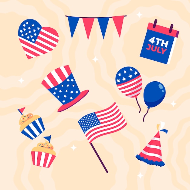 Colección de elementos planos para la celebración americana del 4 de julio