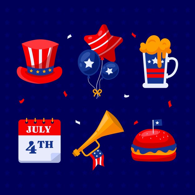 Colección de elementos planos para la celebración americana del 4 de julio