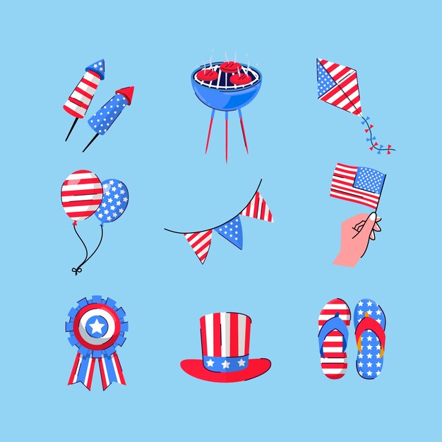 Colección de elementos planos para la celebración americana del 4 de julio