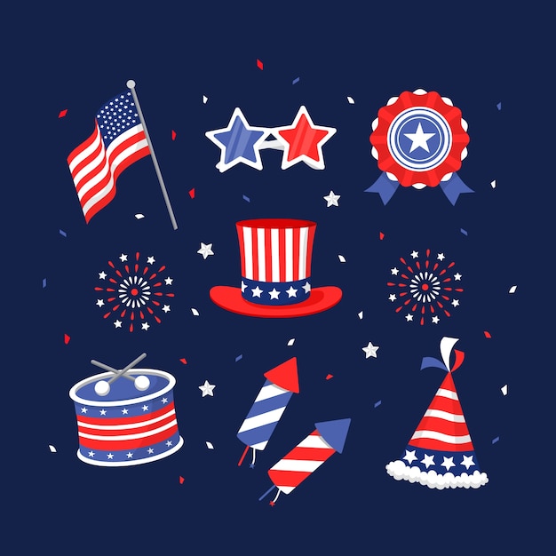 Colección de elementos planos para la celebración americana del 4 de julio