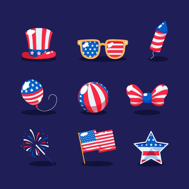 Colección de elementos planos para la celebración americana del 4 de julio