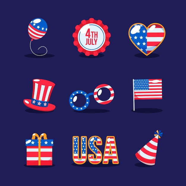 Vector gratuito colección de elementos planos para la celebración americana del 4 de julio