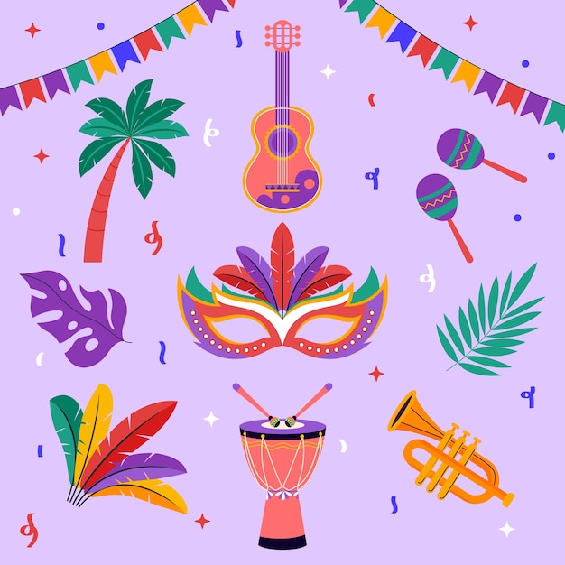 Vector gratuito colección de elementos planos para la celebración del carnaval brasileño