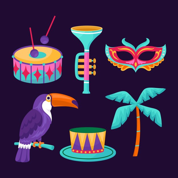 Colección de elementos planos para la celebración del carnaval brasileño