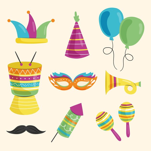 Colección de elementos planos para celebración de carnaval