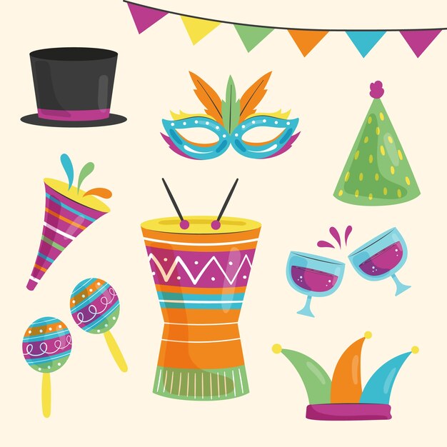 Colección de elementos planos para celebración de carnaval