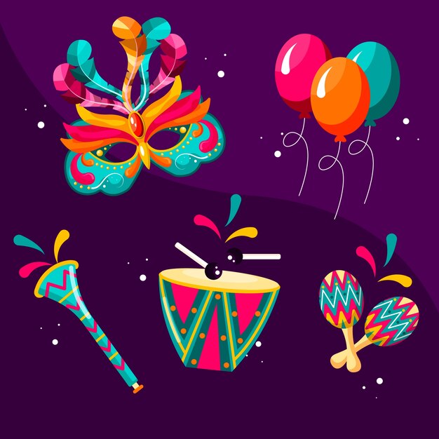 Colección de elementos planos para celebración de carnaval