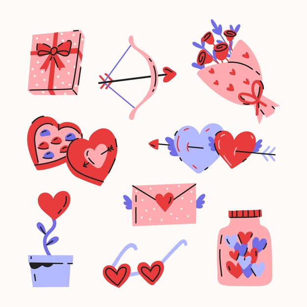 Colección de elementos planos para la celebración del día de san valentín