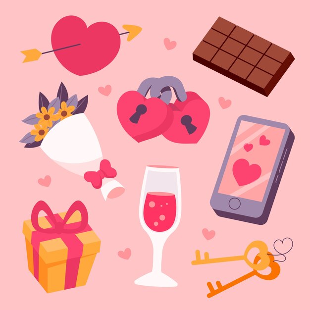 Colección de elementos planos para la celebración del día de san valentín