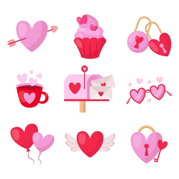 Colección de elementos planos para la celebración del día de san valentín