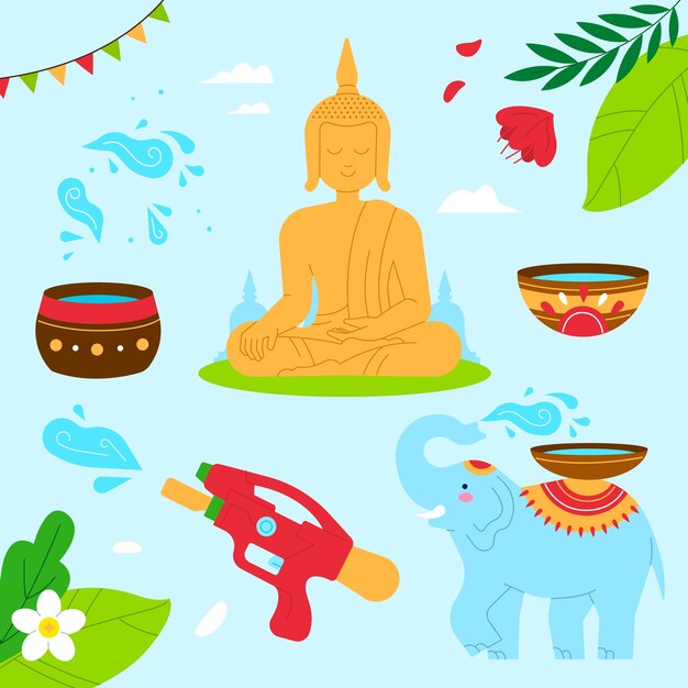 Colección de elementos planos para la celebración del festival del agua de songkran