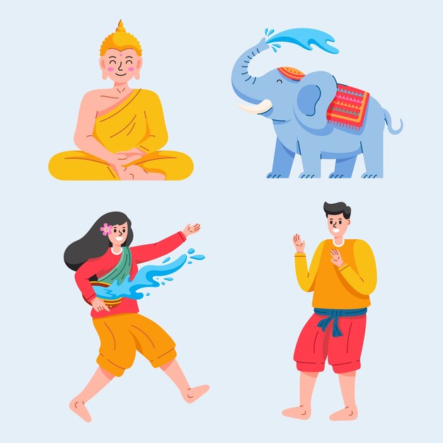 Colección de elementos planos para la celebración del festival del agua de songkran
