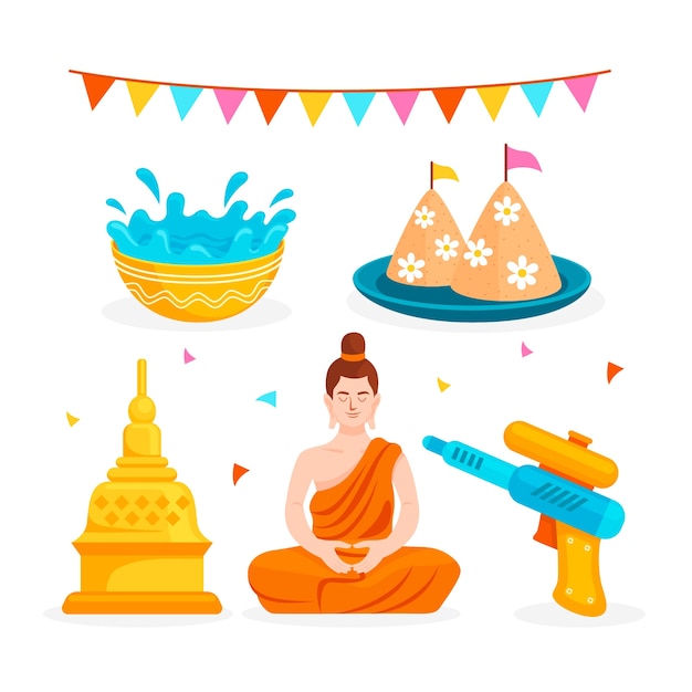 Vector gratuito colección de elementos planos para la celebración del festival del agua de songkran